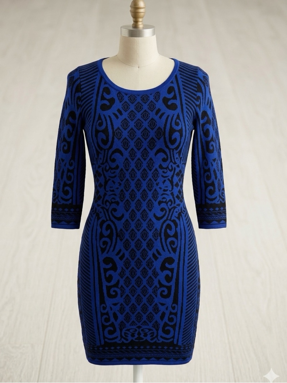 VERTIGO Navy Royal Blue Geometric Jacquard Bodycon Knit Dress XS NWT